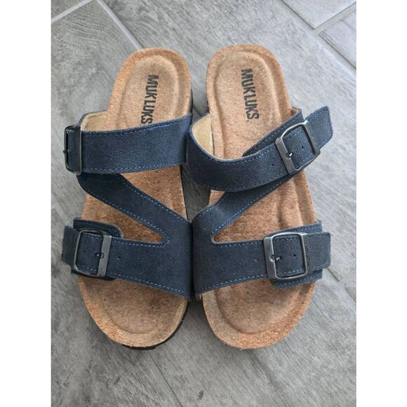 Women's Muk Luks Poppy Sandal Double Strap Navy Blue Size 7 Suede - Picture 2 of 6